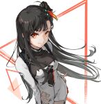  1girl bangs black_hair bodystocking breasts closed_mouth collarbone covered_navel dress eyebrows_visible_through_hair feet_out_of_frame from_above girls&#039;_frontline hair_ornament hairclip hand_on_hip highres long_hair long_sleeves looking_at_viewer medium_breasts orange_eyes qbz-191_(girls&#039;_frontline) shuzi side_ponytail simple_background smile solo standing white_dress 