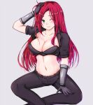  1girl bangs black_gloves black_jacket black_pants blush breasts collarbone cropped_jacket feet_out_of_frame gloves grey_background hand_up highres jacket katarina_(league_of_legends) large_breasts league_of_legends navel one_eye_closed pants popoman red_hair shiny shiny_hair simple_background sitting solo 