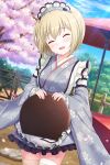  1girl absurdres alternative_girls blonde_hair cherry_blossoms closed_eyes day eyebrows_visible_through_hair highres holding maid_headdress official_art open_mouth outdoors short_hair smile solo standing sylvia_richter umbrella 