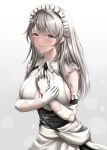  1girl absurdres azur_lane bangs blush breasts charybdis_(azur_lane) cleavage closed_mouth elbow_gloves eyebrows_visible_through_hair gloves grey_background grey_eyes grey_hair hand_on_own_chest highres large_breasts long_hair looking_at_viewer maid maid_headdress naga_(pixiv70891418) necktie smile solo standing white_gloves 