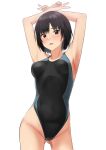  1girl :d amagami arms_behind_back bangs black_hair black_swimsuit blush bob_cut breasts commentary_request competition_swimsuit covered_navel cowboy_shot double_v highres looking_at_viewer medium_breasts nanasaki_ai one-piece_swimsuit short_hair smile solo standing swimsuit v ykh1028 