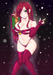  1girl :o bangs bare_shoulders bell black_background box breasts cleavage collarbone commentary_request earrings feet_out_of_frame fingerless_gloves gift gift_box gloves green_eyes groin highleg highleg_panties highres jewelry katarina_(league_of_legends) large_breasts league_of_legends long_hair navel one_eye_closed panties popoman red_background red_gloves red_hair red_legwear red_panties ring scar shiny shiny_hair shiny_skin snow solo thighhighs underwear 