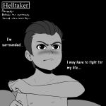  1boy black_background blush closed_mouth collarbone copyright_name english_text haaru hair_slicked_back helltaker helltaker_(character) nipples short_hair solo sweat younger 