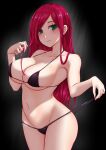  1girl alternate_costume bangs bare_shoulders bikini bikini_pull black_background black_bikini breasts cleavage clothes_pull collarbone eyebrows_visible_through_hair green_eyes groin hand_up highres katarina_(league_of_legends) large_breasts league_of_legends navel parted_lips popoman red_hair shiny shiny_clothes shiny_hair smile swimsuit teeth underwear 
