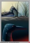  bitterstrawberries comic digital_media_(artwork) feathers female feral hi_res loon open_mouth plant sad severed_limb severed_wings simple_background solo swimming water 