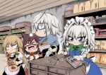  1boy 3girls ahoge angry blonde_hair book brown_hair chibi glasses grin hidefu_kitayan highres imaizumi_kagerou izayoi_sakuya kirisame_marisa long_hair maid_headdress morichika_rinnosuke multiple_girls senbei short_hair smile tearing_up touhou white_hair 