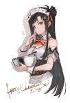  1girl alternate_costume bangs black_hair bow bowtie breasts closed_mouth cropped_legs english_text enmaided eyebrows_visible_through_hair finger_to_mouth girls&#039;_frontline hair_ornament hairclip happy_valentine highres holding long_hair looking_at_viewer maid maid_headdress medium_breasts orange_bow orange_bowtie orange_eyes qbz-191_(girls&#039;_frontline) shuzi side_ponytail solo standing valentine white_background 