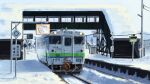  1boy commentary_request day grey_sky ground_vehicle highres hokkaido original outdoors pedestrian_bridge railroad_tracks rudeko32 scenery sign snow stairs train train_station translation_request utility_pole vehicle_focus winter 