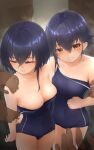  2girls asymmetrical_hair bare_arms bare_legs bare_shoulders black_hair black_swimsuit blush breasts cleavage clenched_teeth closed_eyes closed_mouth collarbone eyebrows_visible_through_hair hair_between_eyes highres i-13_(kancolle) i-14_(kancolle) kantai_collection multiple_girls one-piece_swimsuit school_swimsuit short_hair swimsuit teeth terebi- yellow_eyes 