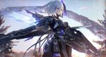  action_pose android female hair hi_res humanoid machine melee_weapon mobile_games not_furry plant polearm pose punishing_gray_raven qnzy robot robot_humanoid rosetta_(pgr) shield silver_hair spear tree video_games weapon wings 