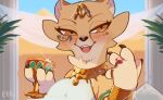  2022 akino_(kemokin_mania) anthro brown_eyes cheetah chest_tuft clothed clothing container cup desert digital_media_(artwork) felid feline female fur gem goblet hi_res jewelry kemokin_mania looking_at_viewer mammal necklace open_mouth pillars plant pyramid sand sky smile solo spots tattoo tuft 
