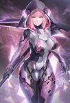  absurd_res android ayla_(pgr) breasts female glowing glowing_markings hair hi_res hood humanoid looking_at_viewer machine markings melee_weapon mobile_games not_furry pink_eyes pink_hair pinup polearm pose punishing_gray_raven qnzy robot robot_humanoid scythe video_games weapon 