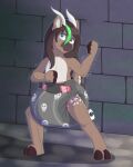  4:5 anthro big_diaper biped blue_eyes brown_body brown_fur brown_hair brown_hooves bunnykisses diaper female fur glistening glistening_eyes green_hair grey_diaper hair hi_res hooves long_hair looking_at_viewer motion_lines multicolored_hair shadow solo spots spotted_body spotted_fur standing two_tone_hair white_body white_fur white_spots young 