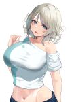  1girl absurdres blue_eyes blue_skirt blush breasts grey_hair hand_up highres large_breasts looking_at_viewer loose_clothes loose_shirt love_live! love_live!_sunshine!! namazu_(yamasonson) navel open_mouth shirt short_hair skirt smile solo watanabe_you white_shirt 