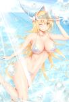  1girl ;) absurdres bare_arms bare_shoulders bikini blonde_hair breasts bubble calcio cleavage closed_mouth collarbone commentary dark_magician_girl eyebrows_visible_through_hair fang green_eyes hair_between_eyes hand_up hat highres holding holding_wand holding_weapon large_breasts light_rays long_hair looking_at_viewer navel nipples ocean one_eye_closed outdoors skin_fang smile solo sparkle standing standing_on_one_leg string_bikini swimsuit thighs wand water weapon wet yu-gi-oh! yu-gi-oh!_duel_monsters 