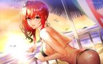  1girl absurdres artist_name ass azur_lane beach bikini black_bikini blurry blurry_background breasts eyebrows_visible_through_hair from_side highleg highleg_bikini highres italian_flag large_breasts long_hair looking_at_viewer looking_to_the_side misa_pika multi-strapped_bikini multiple_straps o-ring o-ring_bikini official_alternate_costume orange_eyes outdoors red_hair side_ponytail sideboob solo sunset swimsuit water wet zara_(azur_lane) zara_(poolside_coincidence)_(azur_lane) 