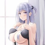  1girl black_bra blush bra breasts cleavage commission crescent crescent_hair_ornament front-hook_bra hair_censor hair_ornament hair_over_breasts highres keenh large_breasts long_hair looking_at_viewer open_bra original parted_lips purple_eyes silver_hair solo underwear upper_body 