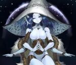  1girl blue_eyes blue_skin breasts collarbone colored_skin cracked_skin doll_joints elden_ring extra_arms extra_faces fingers_together fur_coat gemi_ningen hat highres joints medium_breasts nude own_hands_together ranni_the_witch sitting smile solo witch_hat 
