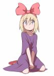  1girl bangs blonde_hair blue_eyes blush bow_hairband closed_mouth collarbone cosplay dress eyebrows_visible_through_hair eyelashes full_body hairband highres irida_(pokemon) kiki_(majo_no_takkyuubin) kiki_(majo_no_takkyuubin)_(cosplay) kurachi_mizuki looking_up majo_no_takkyuubin medium_hair own_hands_together pink_hairband pokemon pokemon_(game) pokemon_legends:_arceus purple_dress shoes sitting solo white_background 