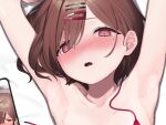  1girl absurdres armpits bangs blush brown_hair close-up commentary_request hair_ornament hairclip highres higuchi_madoka idolmaster idolmaster_shiny_colors looking_at_viewer lying mole mole_under_eye on_back on_bed open_mouth purple_eyes short_hair signalviolet solo sweat swept_bangs 