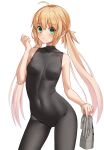  1girl absurdres ahoge artoria_pendragon_(caster)_(fate) artoria_pendragon_(fate) bangs bare_shoulders blonde_hair blush bodystocking breasts covered_navel covered_nipples fate/grand_order fate_(series) green_eyes highres kopaka_(karda_nui) long_hair looking_at_viewer sleeveless small_breasts solo thighs twintails 