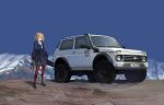  1girl :d animal animal_ears arknights bangs bear_ears black_footwear black_jacket black_skirt blonde_hair blue_sky candy_hair_ornament car fish food-themed_hair_ornament ground_vehicle gummy_(arknights) hair_ornament hairclip highres holding holding_animal holding_fish jacket lada_(car) lada_niva license_plate long_sleeves looking_at_viewer mirroraptor motor_vehicle mountain open_clothes open_jacket open_mouth outdoors pantyhose red_eyes red_legwear russian_flag sailor_collar school_uniform serafuku shoes short_hair skirt sky smile snow solo white_sailor_collar 