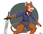  2021 anthro ascot belt bottomless bottomless_anthro bottomless_male buckteeth clothed clothing convenient_censorship front_view fur holding_object holding_sword holding_weapon looking_away male mammal marcushunter martin_the_warrior melee_weapon mouse murid murine open_mouth redwall rodent shirt solo spread_arms spread_legs spreading sword teeth tongue topwear weapon whiskers 