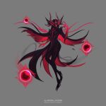  1girl absurdres bangs black_hair colored_skin full_body grey_background hand_up high_heels highres horns league_of_legends long_hair looking_at_viewer multicolored_hair neona_gloom pants red_eyes red_hair red_skin simple_background solo syndra two-tone_hair web_address 