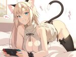  1girl ahoge all_fours animal_ear_fluff animal_ears bare_shoulders bed beige_sweater black_legwear black_panties blonde_catgirl_(oota_yuuichi) blue_eyes breasts cat_ears cat_tail cleavage collarbone controller grin hair_ornament heart highres holding holding_controller large_breasts long_hair looking_at_viewer meme_attire nintendo_switch no_pants ohta_yuichi on_bed open-chest_sweater original panties pillow ribbed_sweater scrunchie side-tie_panties sleeveless sleeveless_sweater slit_pupils smile solo spoken_heart sweater tail tail_wagging thighhighs turtleneck turtleneck_sweater underwear wrist_scrunchie x_hair_ornament 