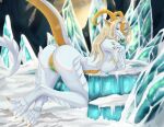  2022 anthro breasts butt clawed_feet clawed_toes claws digital_media_(artwork) dragon feet female genitals hair hi_res horn ice kneeling looking_at_viewer looking_back mira_(rena0107) nipples nomuralok nude pinup pose presenting presenting_hindquarters presenting_pussy pussy raised_tail snow solo toes 