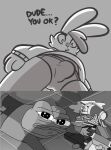  absurd_res amphibian anthro black_and_white bodily_fluids briefs buckteeth bulge cheek_tuft clothing crying duo facial_tuft fast_food food frog greyscale hi_res humor joke lagomorph leporid looking_down low-angle_view male male/male mammal meme monochrome narrowed_eyes pepe_the_frog rabbit simple_background sweater tears teeth the_xing1 topwear tuft underwear worm&#039;s-eye_view 