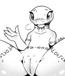  2018 4_fingers anthro arm_markings belly belly_markings biped black_and_white blush bodily_fluids breath_cloud claws crusch_lulu dated digital_drawing_(artwork) digital_media_(artwork) eyelashes featureless_chest female finger_claws fingers flat_chested genitals leg_markings line_art lizard lizardman_(overlord) looking_at_viewer markings monochrome neck_markings nude open_mouth open_smile overlord_(series) pussy pussy_focus reptile scalie signature simple_background smile smiling_at_viewer solo srmario sweat thigh_markings tribal tribal_markings white_background 