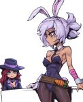  2girls animal_ears bandaged_arm bandages bangs bare_shoulders battle_bunny_riven belt black_choker black_headwear black_necktie breasts brown_belt carrot choker cleavage collarbone covered_navel cowboy_shot detached_collar freckles grey_hair heart league_of_legends long_hair looking_at_another mafia_miss_fortune miss_fortune_(league_of_legends) multiple_girls necktie pantyhose phantom_ix_row playboy_bunny ponytail rabbit_ears red_hair riven_(league_of_legends) smile standing 