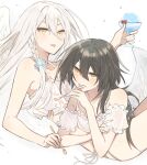  1010_neg 2girls :p angel_wings bangs bare_arms bare_shoulders bikini black_hair blush braid cup eyebrows_visible_through_hair food frilled_bikini frills hair_between_eyes hair_ornament hair_scrunchie highres holding holding_cup holding_spoon ice_cream long_hair looking_at_viewer multiple_girls off-shoulder_bikini off_shoulder original print_bikini scrunchie short_sleeves spoon swimsuit tongue tongue_out white_bikini wings yellow_eyes 