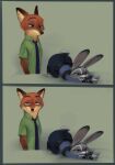  2022 anthro canid canine cellphone clothed clothing disney duo female fox fur grey_body grey_fur hi_res judy_hopps lagomorph leporid looking_at_butt looking_at_viewer male mammal nick_wilde phone qupostuv35 rabbit smile smirk zootopia 