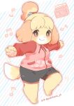  3_toes 5_fingers accessory animal_crossing anthro barefoot bottomwear canid canine canis clothed clothing digital_media_(artwork) domestic_dog feet female fingers fur hair hair_accessory isabelle_(animal_crossing) looking_at_viewer mammal musical_note nintendo pawpads radio shih_tzu shirt shorts simple_background smile solo standing toes topwear toy_dog video_games yellow_body yellow_fur yokikana_yk 