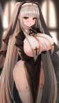  1girl absurdly_long_hair ascot azur_lane bangs black_dress black_veil blunt_bangs blush breast_curtains breasts commentary covered_navel cowboy_shot cross dress eyebrows_visible_through_hair formidable_(azur_lane) garter_belt grey_hair huge_breasts long_hair looking_at_viewer marota nun own_hands_clasped own_hands_together parted_lips pelvic_curtain red_eyes solo thighhighs twintails very_long_hair white_garter_belt white_legwear wide_hips 