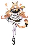  1girl ;d alternate_costume animal_ears arknights black_choker black_dress black_footwear choker dress drill_hair enmaided food frilled_choker frills full_body green_eyes heart highres holding holding_food holding_tray long_hair maid maid_headdress nicole_(lion) omurice one_eye_closed shoes simple_background smile solo standing swire_(arknights) tail thighhighs tiger_ears tiger_girl tiger_tail tray very_long_hair white_background white_thighhighs white_wrist_cuffs 
