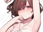  1girl absurdres armpits bangs blush brown_hair close-up commentary_request hair_ornament hairclip halterneck highres higuchi_madoka idolmaster idolmaster_shiny_colors looking_at_viewer lying mole mole_under_eye on_back on_bed purple_eyes short_hair signalviolet solo sweat swept_bangs 