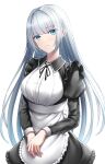  1girl alternate_costume bangs black_ribbon blush breasts closed_mouth enmaided eyebrows_visible_through_hair hand_on_hand highres large_breasts light_blue_eyes light_blue_hair long_hair looking_at_viewer maid naga_(pixiv70891418) neck_ribbon original ribbon silver_hair solo standing white_background 