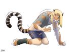  2021 all_fours blonde_hair bottomwear clothing diethyl felid footwear green_sclera hair hi_res human male mammal open_mouth pantherine shirt shoes shorts simple_background solo surprise tiger topwear torn_clothing white_background 