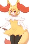  2022 3_fingers anthro black_body black_fur blonde_hair braixen breasts canid canine cheek_tuft claws cute_fangs facial_tuft female finger_claws fingers fur hair hi_res holding_object horokusa0519 inner_ear_fluff kemono looking_at_viewer mammal navel nintendo open_mouth pok&eacute;mon pok&eacute;mon_(species) portrait red_body red_eyes red_fur red_nose short_hair simple_background solo stick three-quarter_portrait tongue translated_description tuft video_games white_background white_body white_fur yellow_body yellow_fur 