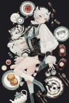  1boy :&lt; animal_ears animal_print aqua_eyes aqua_hair beret bow cup food fork frills hat high_heels highres knife looking_at_viewer megechan original pancake plate side_slit solo spoon standing standing_on_one_leg tail tiger tiger_ears tiger_print tiger_tail white_hair 