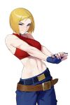  1girl baggy_pants bare_shoulders belt beltskirt blonde_hair blue_eyes blue_gloves blue_mary bob_cut breasts cowboy_shot crop_top denim dongho_kang fatal_fury fingerless_gloves forehead gloves halter_top halterneck highres large_breasts linea_alba looking_at_viewer loose_belt midriff multiple_belts navel pants red_shirt shirt short_hair simple_background sleeveless smile solo stretch the_king_of_fighters turtleneck v_arms white_background 