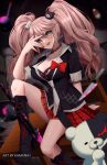  1girl artist_name bangs bear_hair_ornament black_footwear black_shirt blood blue_eyes blurry blurry_background blush boots bow bra bra_peek breasts choker cleavage collarbone collared_shirt commentary danganronpa:_trigger_happy_havoc danganronpa_(series) dumbbell enoshima_junko foot_out_of_frame gyaru hair_between_eyes hair_ornament highres kamaniki knee_boots knee_up knife lace-trimmed_choker lace_trim large_breasts long_hair looking_at_viewer loose_necktie miniskirt monokuma necktie on_table open_mouth pink_blood pink_hair plaid plaid_skirt polearm red_bow red_nails red_skirt school_uniform shirt sitting skirt sleeves_rolled_up smile spear table thighs twintails underwear v_over_eye weapon 