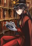  1boy bangs black_hair book bookshelf cape eyebrows_visible_through_hair fate/grand_order fate_(series) glasses gloves hat highres holding holding_book ksfactory library long_hair looking_at_viewer military military_hat military_uniform oda_nobukatsu_(fate) open_book ponytail red_cape red_eyes round_eyewear sitting smile uniform white_gloves 