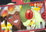  1boy black_hair blush collared_shirt commentary_request copyright_name dark-skinned_male dark_skin flygon gloves green_eyes grin headband highres holding holding_eyewear male_focus natsutomoki official_alternate_costume on_shoulder one_eye_closed pokemon pokemon_(creature) pokemon_(game) pokemon_masters_ex pokemon_on_shoulder raihan_(pokemon) rotom rotom_phone shirt short_hair smile sparkle sunglasses teeth white_headband 