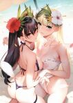  2girls absurdres arm_strap ass bangs bar_censor bare_shoulders beach beach_umbrella bikini black_hair blonde_hair blue_eyes blunt_bangs blurry blush bottomless breasts breasts_out censored collarbone comic_anthurium day depth_of_field eyebrows_visible_through_hair flower from_behind hair_between_eyes hair_flower hair_ornament halterneck hibiscus highres kneeling large_breasts long_hair looking_at_viewer looking_back medium_breasts multiple_girls nipples one-piece_swimsuit outdoors parted_lips petals pink_eyes sasaoka_gungu see-through shoulder_blades sideboob skindentation smile swimsuit thigh_strap thighs twintails umbrella water white_swimsuit 