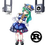  1girl bangs black_footwear blue_eyes blue_vest bow closed_mouth crab ferris_(rust) frilled_hat frills full_body gold_trim green_hair hat highres holding leaning_to_the_side long_hair long_sleeves looking_at_viewer monitor multicolored_bow multiple_bows profitshame programming_(topic) red_ribbon ribbon ribbon_trim rod_of_remorse rust_(programming_language) shiki_eiki short_socks simple_background skirt socks touhou vest white_background white_bow white_legwear white_ribbon 