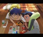  2boys antenna_hair ash_ketchum bangs black_hair blue_eyes brown_eyes chips commentary_request cushion eating food goh_(pokemon) grey_pants holding indoors letterboxed lying magazine_(object) male_focus matsuno_opa multiple_boys pants pokemon pokemon_(anime) pokemon_swsh_(anime) potato_chips raglan_sleeves reading shirt short_hair short_sleeves shorts snack tin_can twitter_username wooden_floor yellow_shirt 